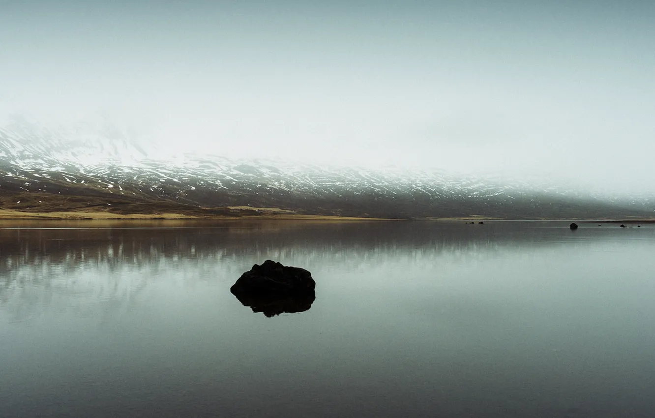 Photo wallpaper rock, water, fog, mist, fjord