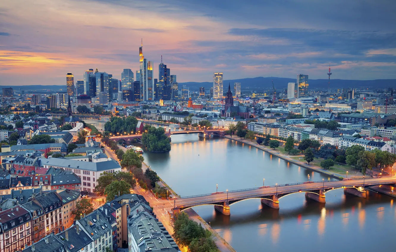 Photo wallpaper river, building, Germany, panorama, bridges, Germany, Frankfurt am main, Frankfurt am Main