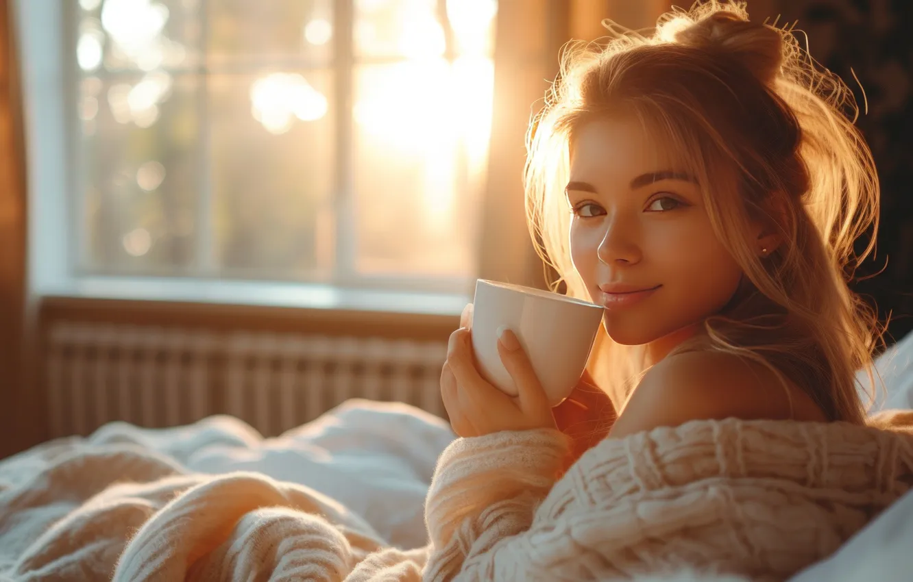 Photo wallpaper look, girl, the sun, rays, smile, tea, coffee, morning