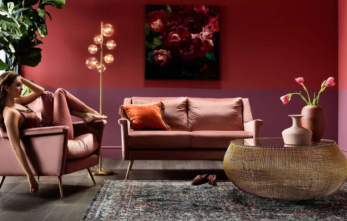 Photo wallpaper girl, living room, cozy, sitting in the chair, home atmosphere