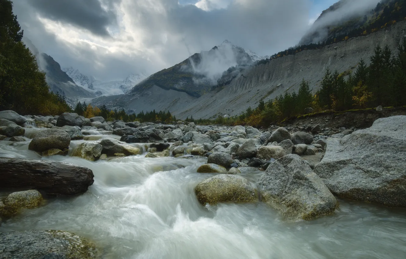 Photo wallpaper mountains, stones, stream, boulders