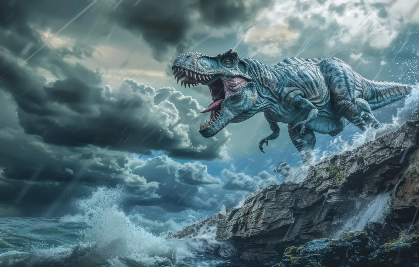 Photo wallpaper wave, water, clouds, rain, animal, coast, dinosaur, predator