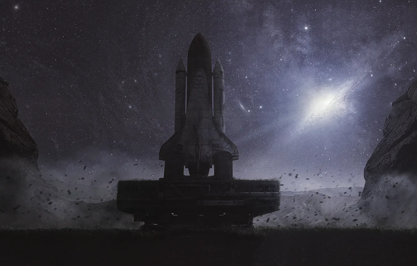 Photo wallpaper space, mountains, desert, planet, Shuttle, weightlessness