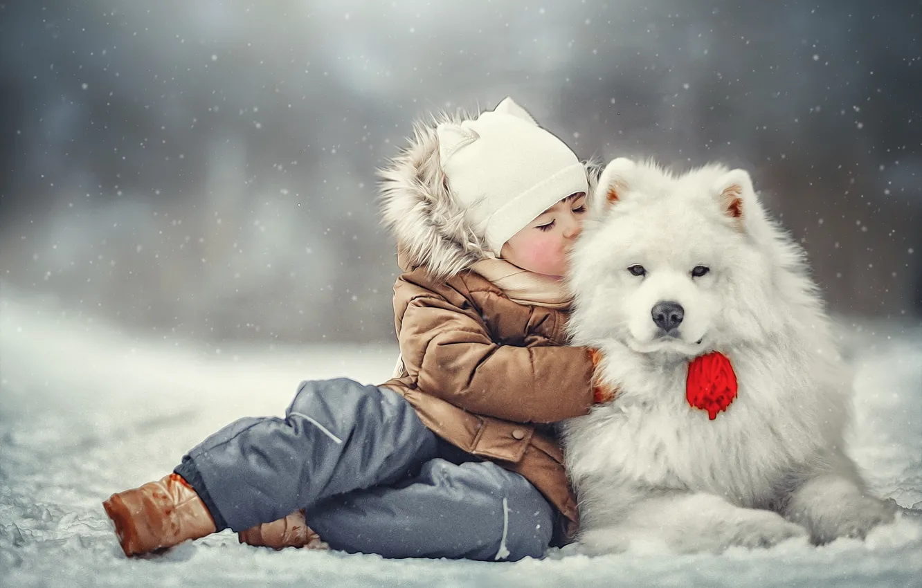 Photo wallpaper winter, snow, animal, kiss, dog, child, dog, Ksenia Lysenkova