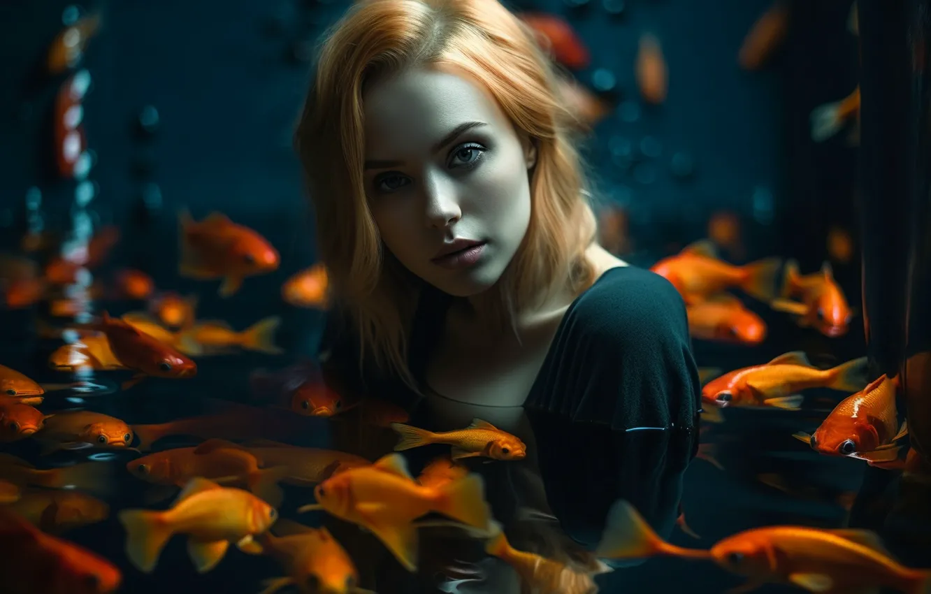 Photo wallpaper look, water, girl, fish, face, rendering, fantasy, graphics