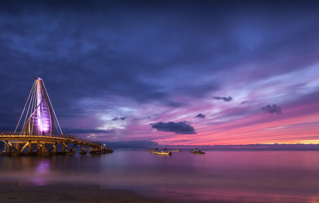 Photo wallpaper the sky, clouds, sunset, clouds, bridge, the ocean, shore, coast