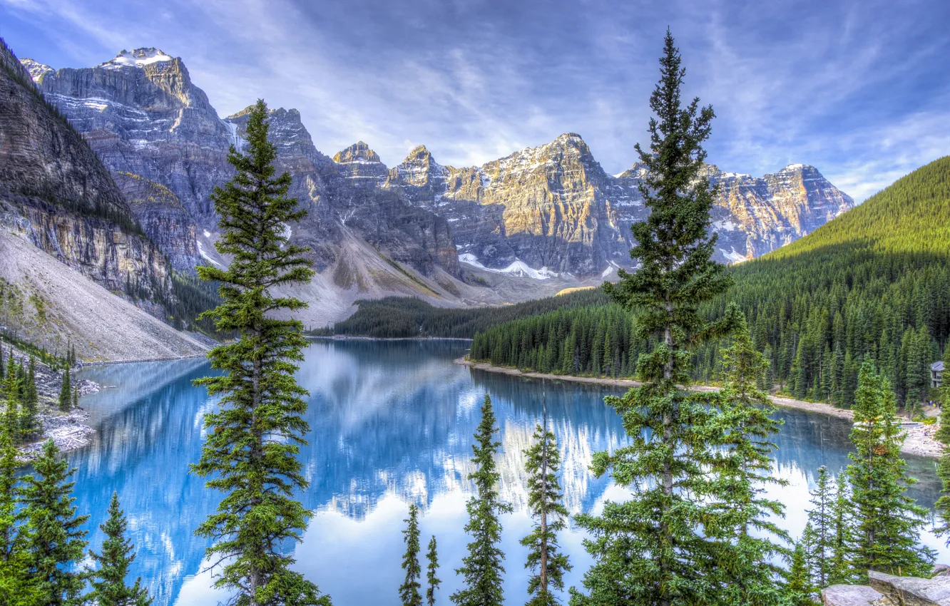 Wallpaper forest, the sky, clouds, snow, trees, mountains, lake, spruce ...