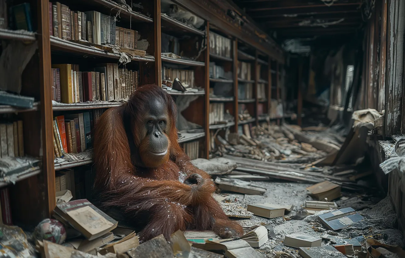 Photo wallpaper monkey, book, devastation, library, orangutan, neural network