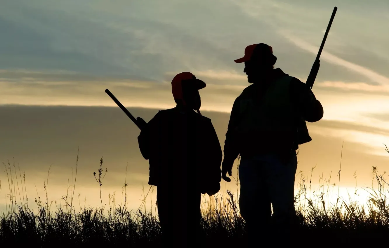 Photo wallpaper grass, hunting, twilight, silhouette, father and son