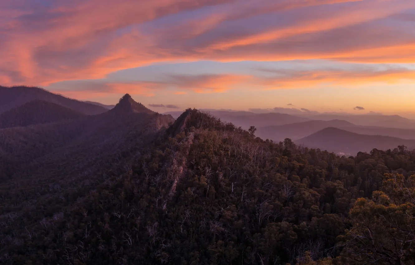 Photo wallpaper mountains, dawn, panorama