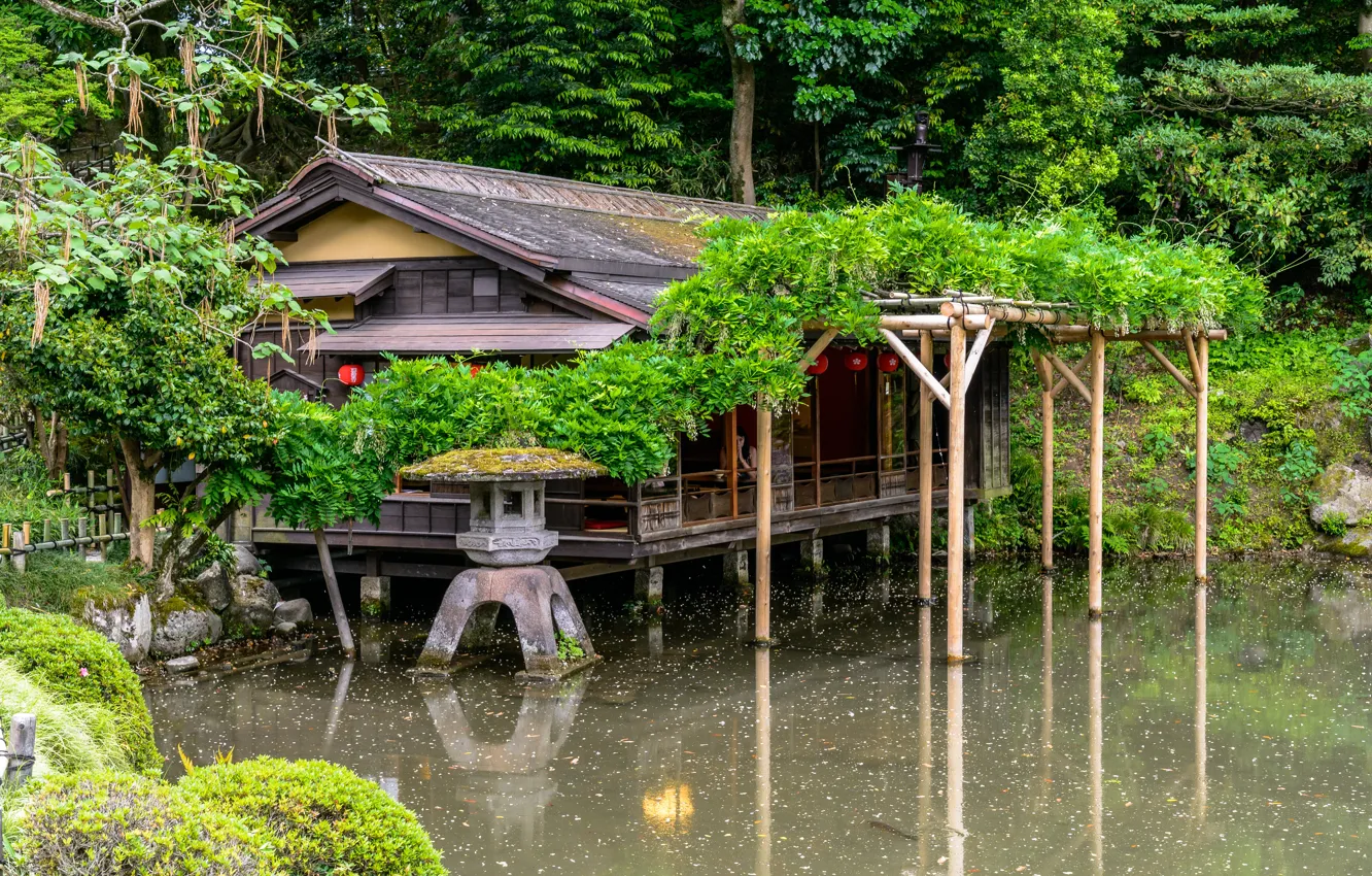 Photo wallpaper Nature, Japan, Garden, House, Pond, Park, Kanazawa
