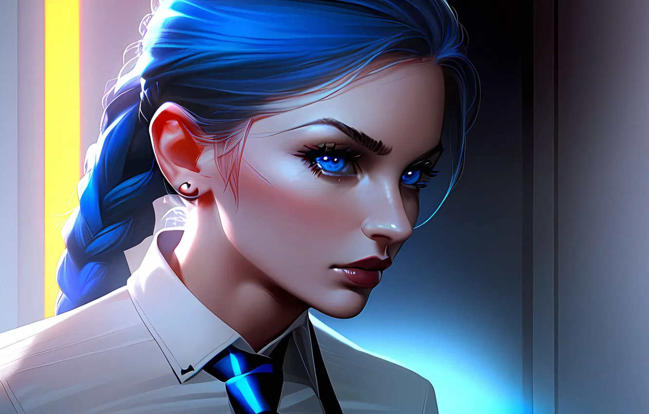 Photo wallpaper tie, blue eyes, beautiful girl, white blouse, AI art, Stable Diffusion, Stability AI, AI Art