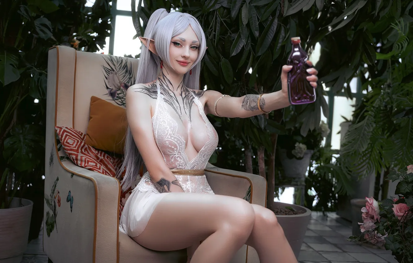 Photo wallpaper rose, green eyes, legs, anime, flowers, tattoo, women, cosplay