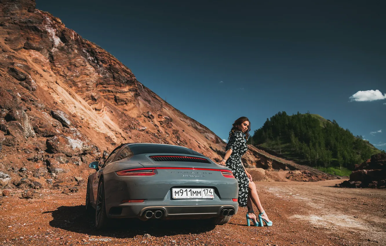 Photo wallpaper road, machine, auto, nature, pose, Porsche, dress, legs