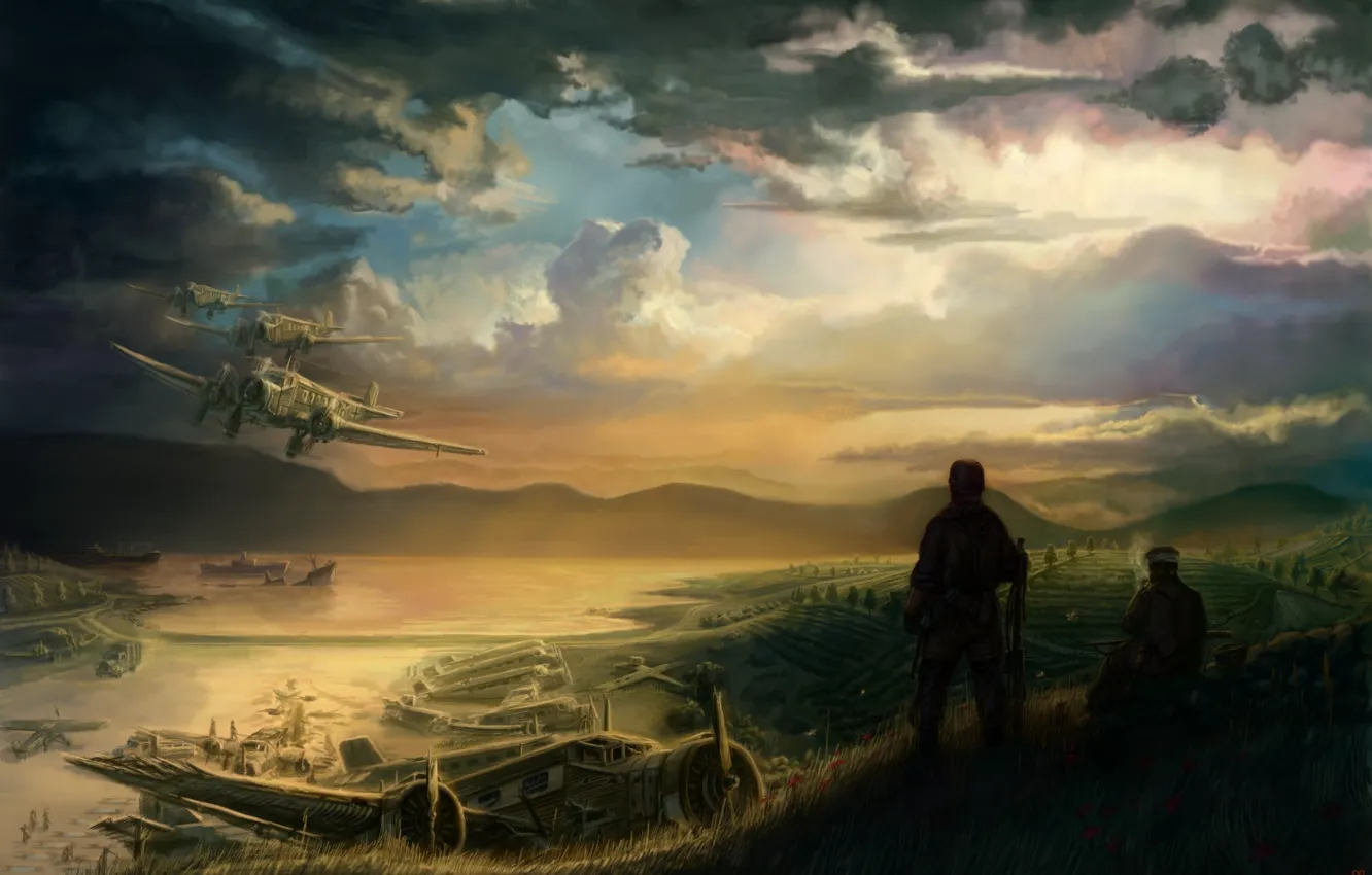 Photo wallpaper field, clouds, war, ship, art, soldiers, the plane, break