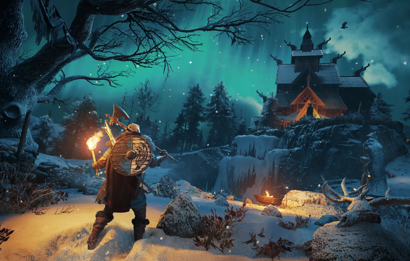 Photo wallpaper winter, torch, Assassin's Creed, Ubisoft Montreal, The Vikings, 2020, Valhalla, Assassin’s Creed Valhalla