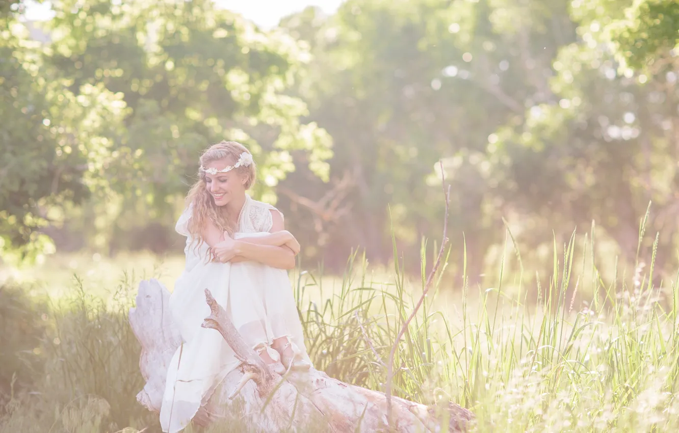 Photo wallpaper forest, white, summer, girl, pose, smile, dress, blonde