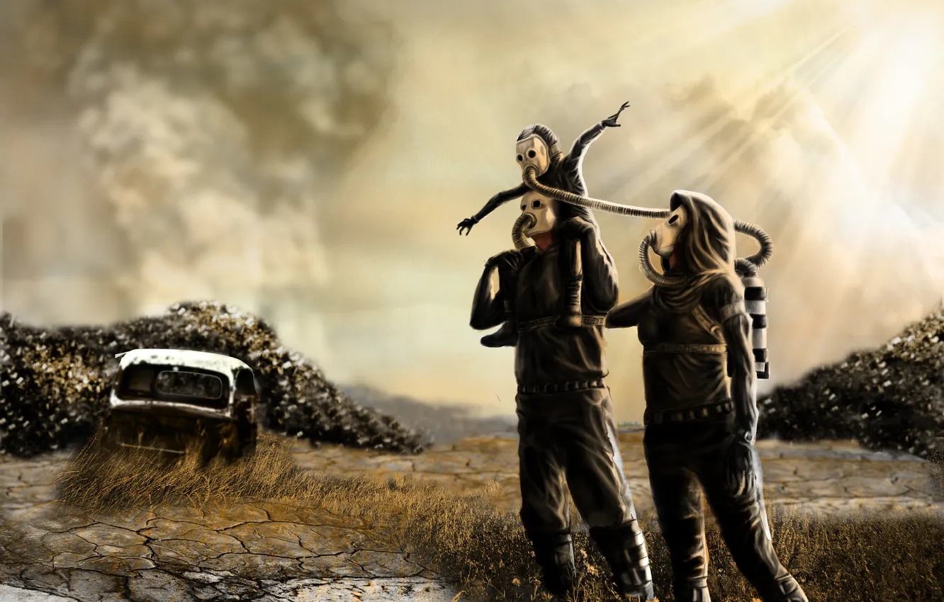 Photo wallpaper family, mask, art, postapokalipsis, pustosh