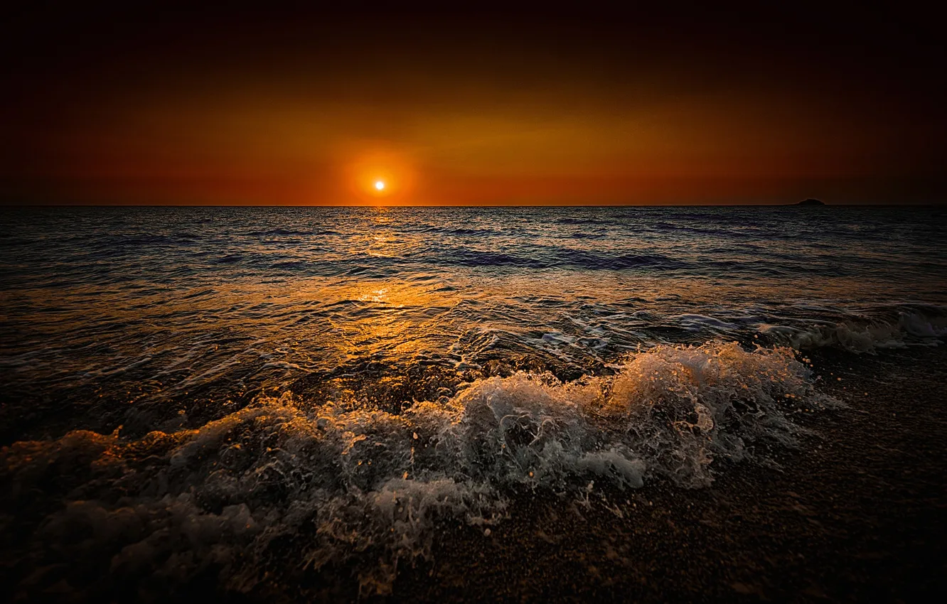 Photo wallpaper sea, the sun, sunset, shore, surf, glow