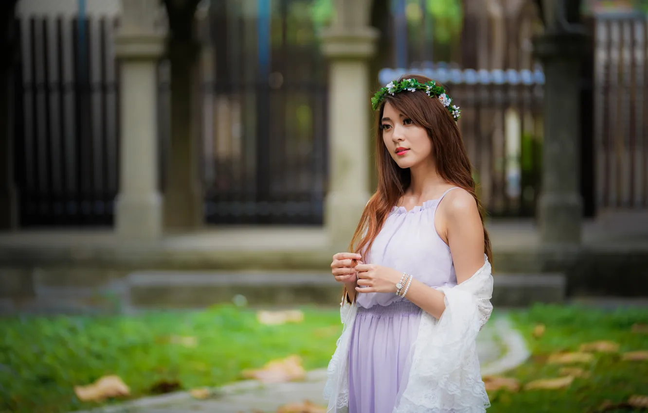 Photo wallpaper girl, dress, Asian, wreath, cutie, bokeh