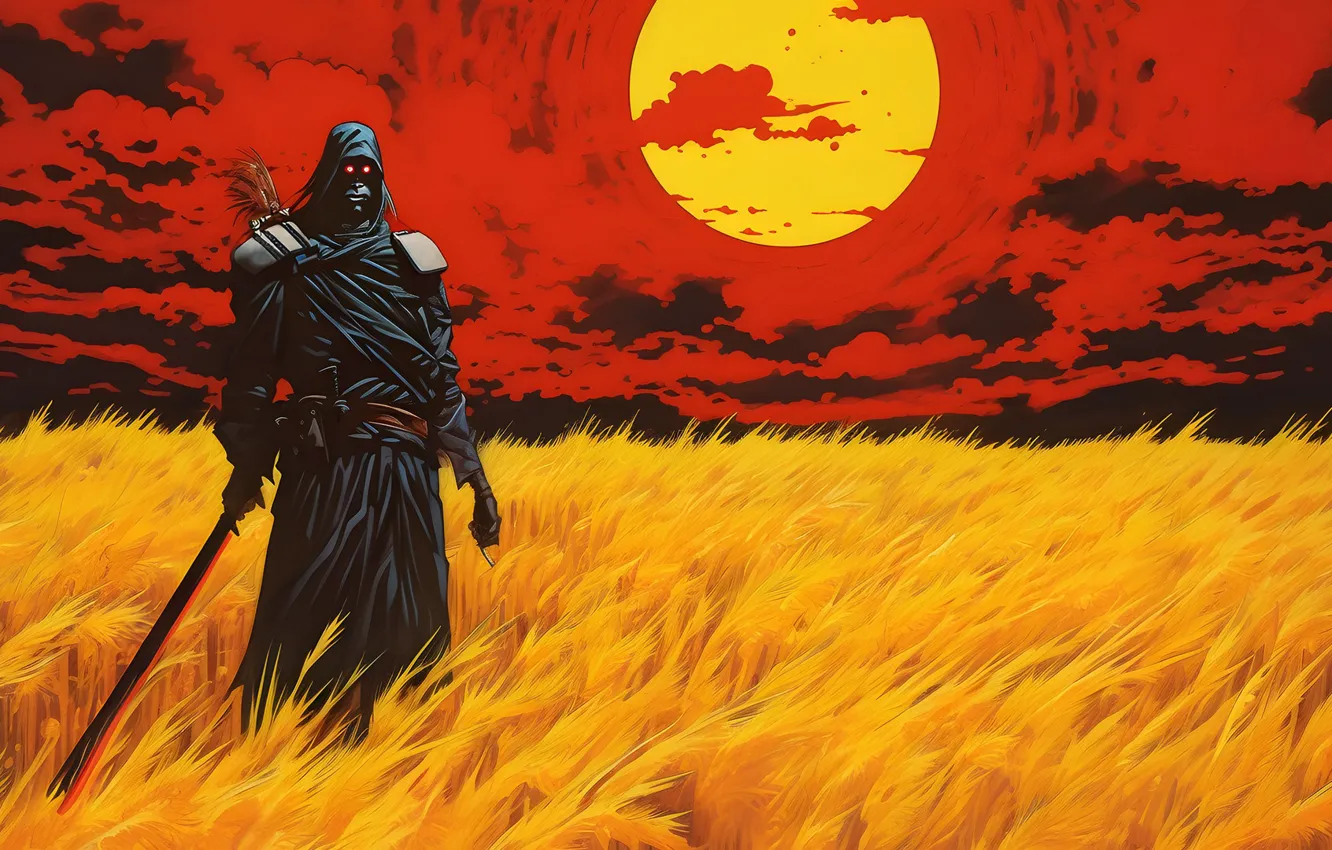 Photo wallpaper fear, katana, armor, samurai, ninja, the full moon, the black knight, black clothes