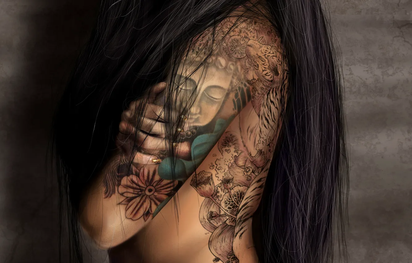 Photo wallpaper girl, background, figure, back, hand, tattoo, long hair