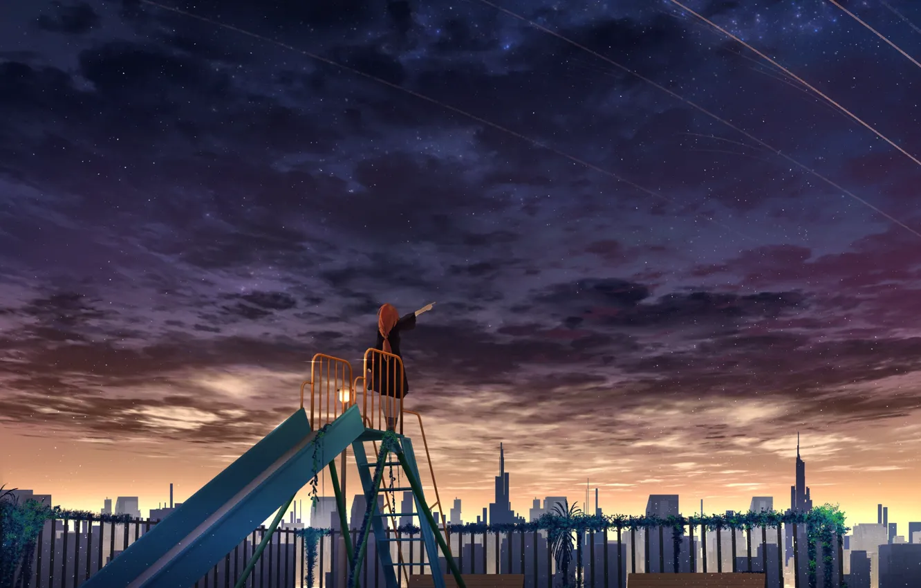 Photo wallpaper girl, the city, dawn, morning, slide, children's Playground