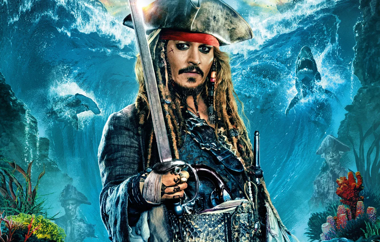 Photo wallpaper sea, Johnny Depp, ship, shark, hat, fantasy, captain, Johnny Depp
