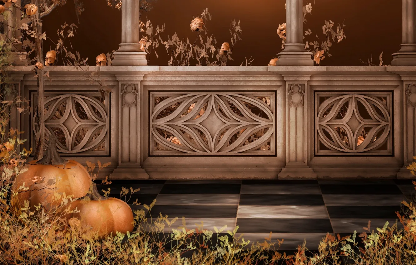 Photo wallpaper autumn, holiday, pumpkin, columns, Halloween, balcony, Halloween, autumn