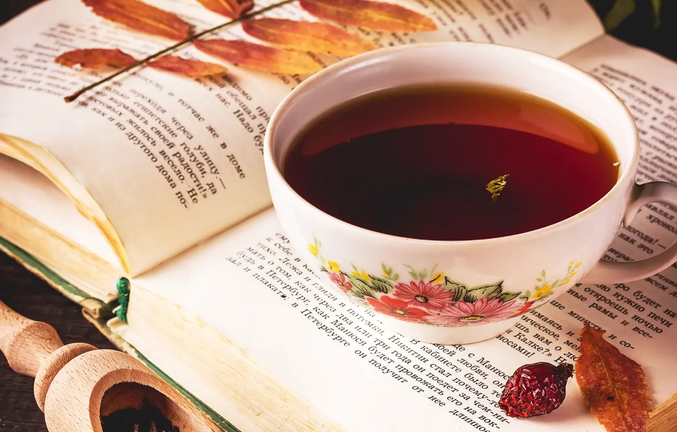 Photo wallpaper leaves, mood, tea, Cup, book, drink