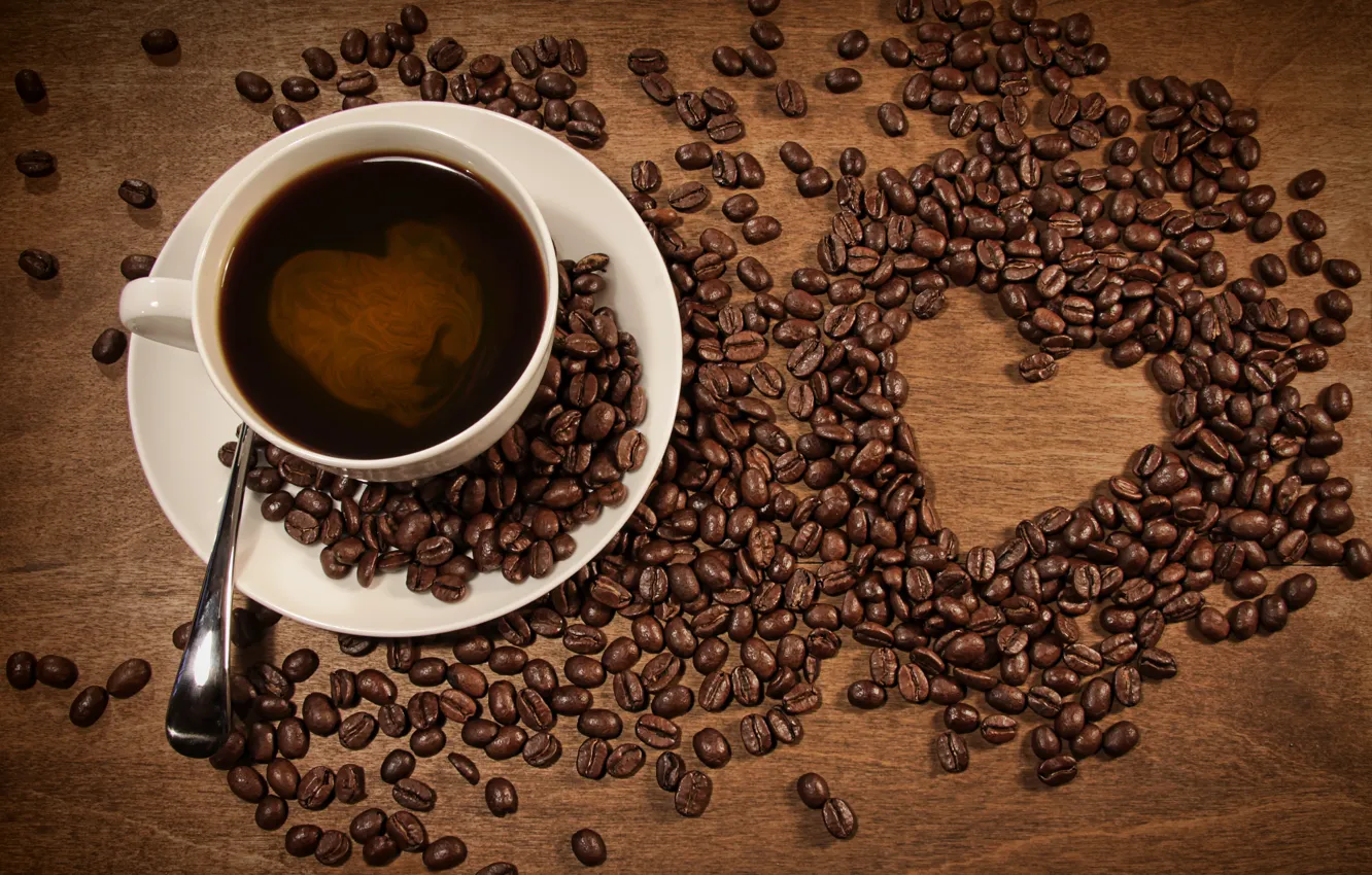 Photo wallpaper table, heart, coffee, grain, Cup, drink, scattered