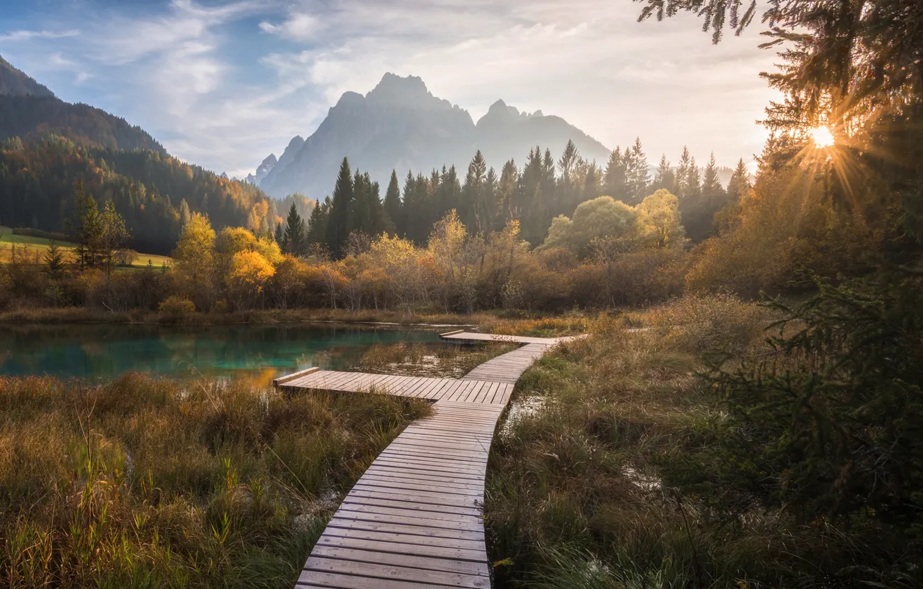 Photo wallpaper autumn, forest, mountains, lake, bridges, Slovenia, Slovenia, Lake Zelenci