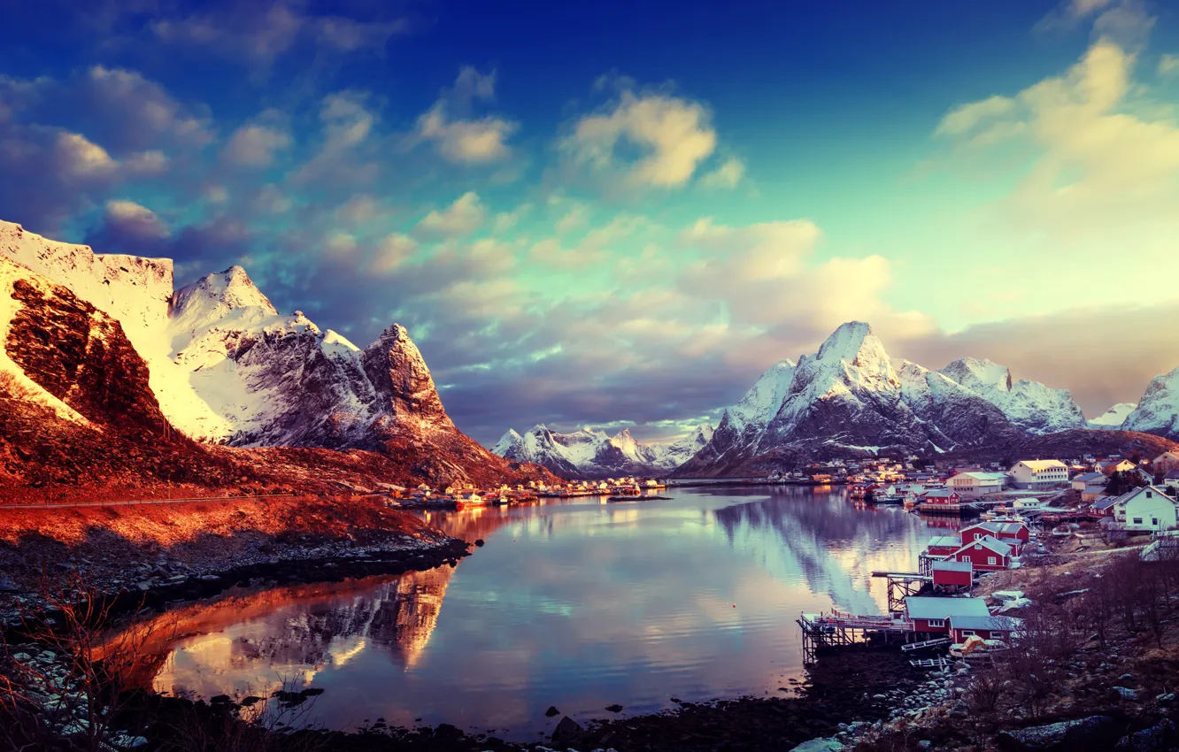 Photo wallpaper winter, the sky, the sun, clouds, snow, mountains, home, Norway