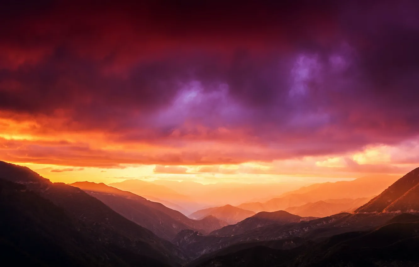 Photo wallpaper colors, sunset, mountains, clouds, beams, Backgraund