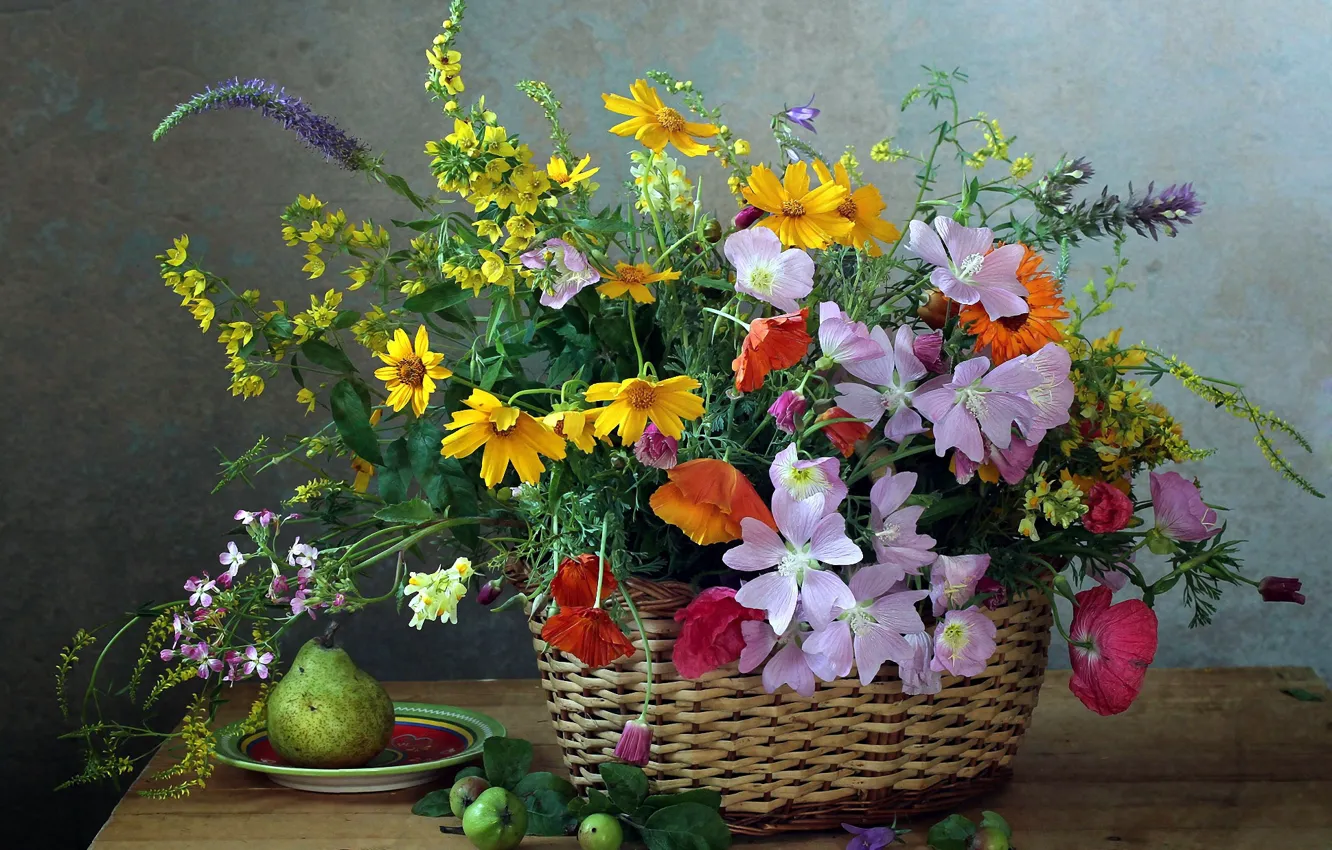Photo wallpaper flowers, apples, bouquet, pear, still life, saucer, wildflowers