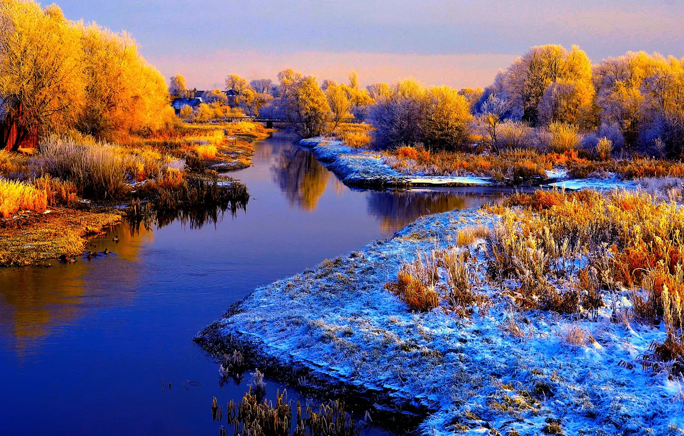 Photo wallpaper frost, autumn, the sky, snow, trees, river