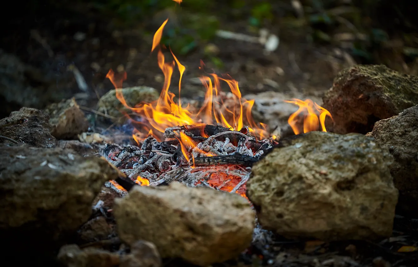 Photo wallpaper nature, stones, fire, flame, the fire, coal, the fire