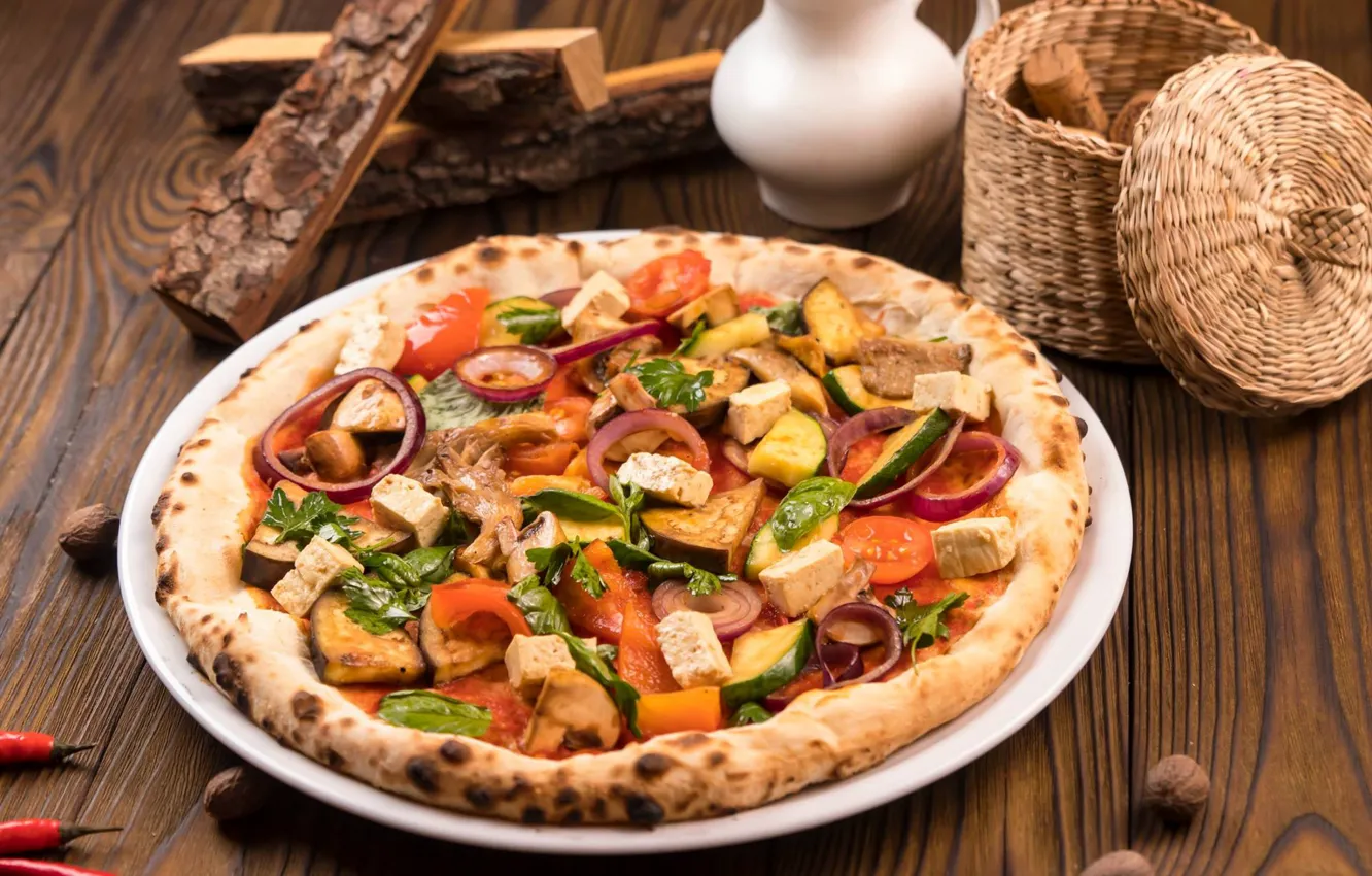 Photo wallpaper cheese, bow, eggplant, vegetables, pizza, tomatoes