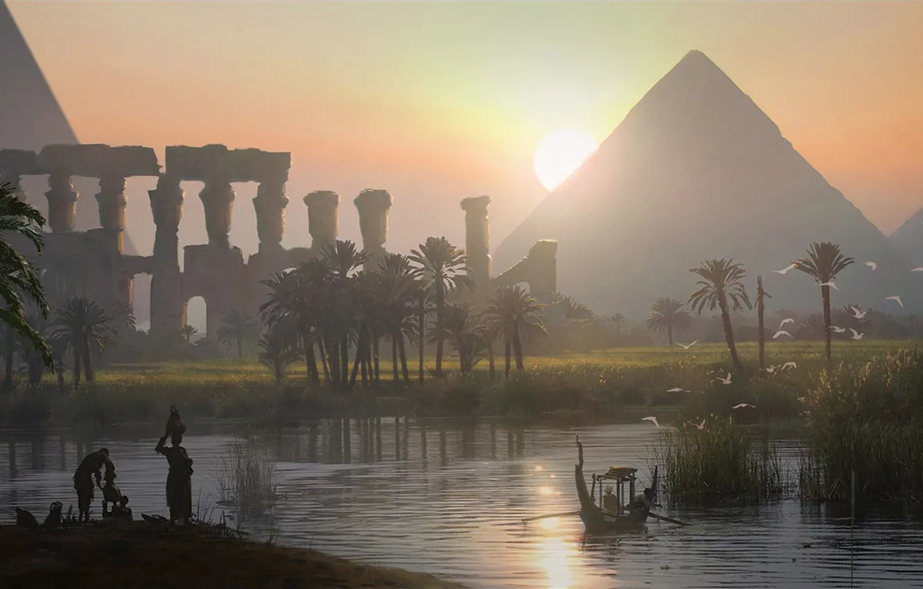 Photo wallpaper pyramid, Egypt, Raphael Lacoste, Origins, Assassin’s Creed Origins, Dusk on the Nile Valley