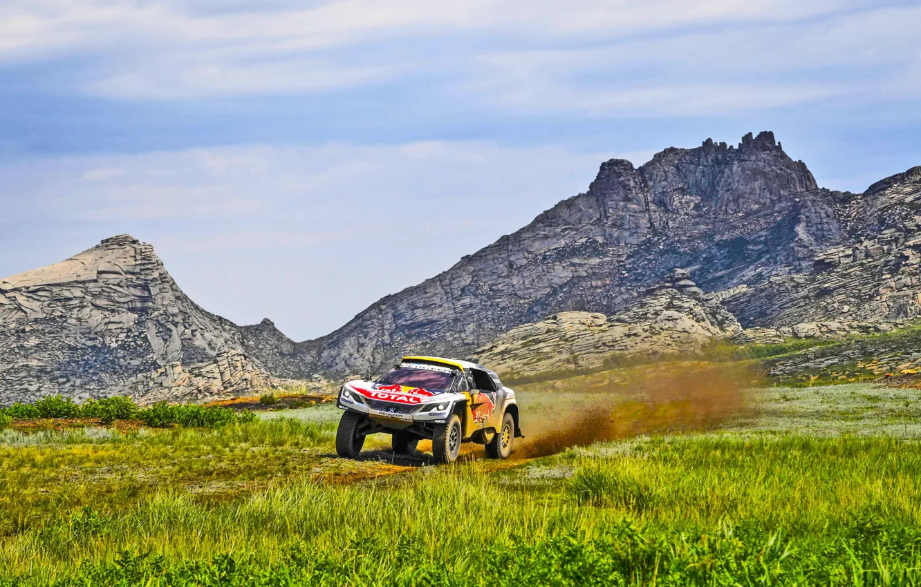 Photo wallpaper Nature, Mountains, Rocks, Sport, Speed, Race, Dirt, Peugeot