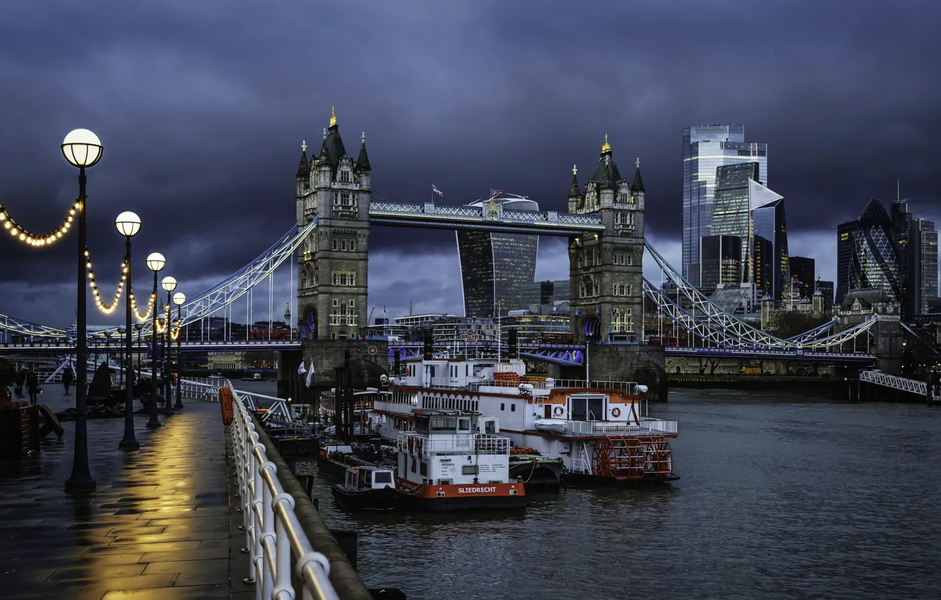 Photo wallpaper clouds, the city, river, England, London, building, lights, UK