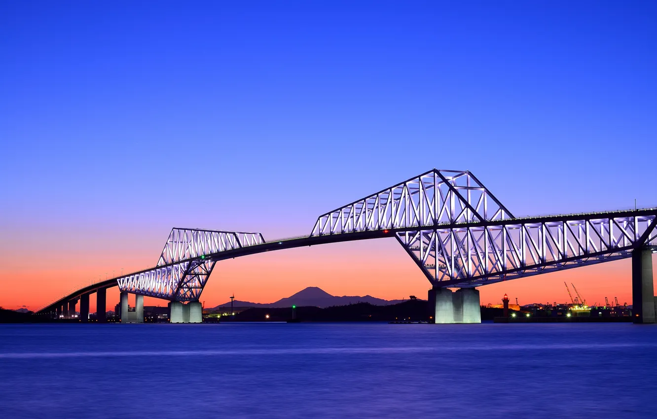 Photo wallpaper the sky, sunset, orange, blue, bridge, the evening, Japan, Tokyo