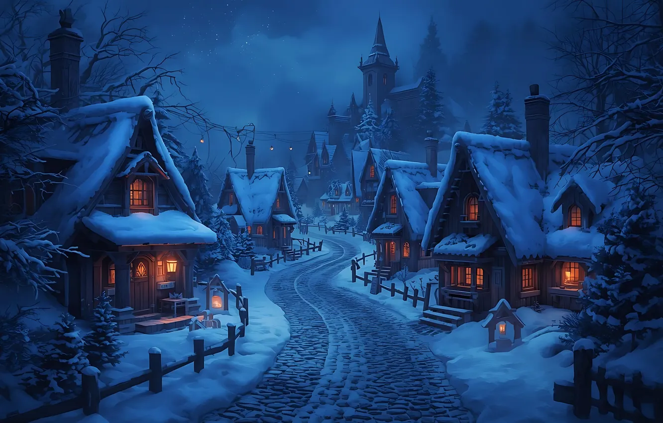 Photo wallpaper winter, snow, street, village, Christmas, winter, mountains, snow