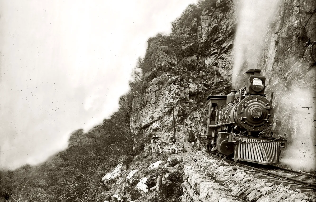 Photo wallpaper retro, rocks, train, the engine, USA, 1890-the year