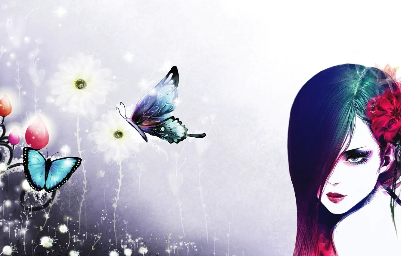 Photo wallpaper girl, butterfly, flowers, white background, artwork