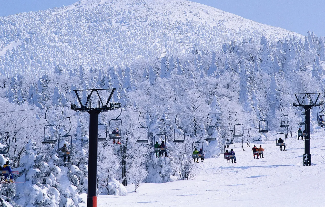 Photo wallpaper winter, forest, snow, mountains, stay, ski, people, lift