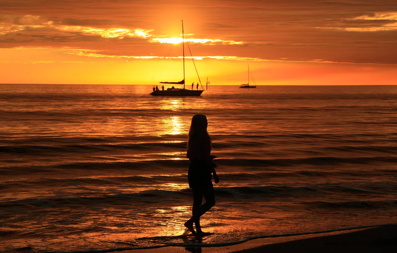 Photo wallpaper sea, the sky, girl, clouds, sunset, yacht