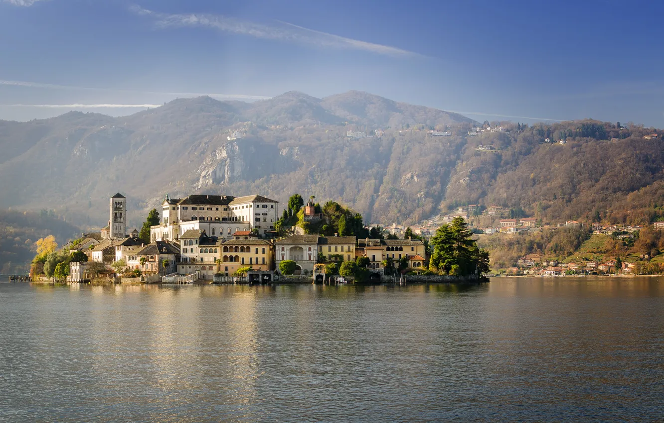 Photo wallpaper mountains, home, Italy, municipality, lake Orta, Orta San Giulio, Pimont