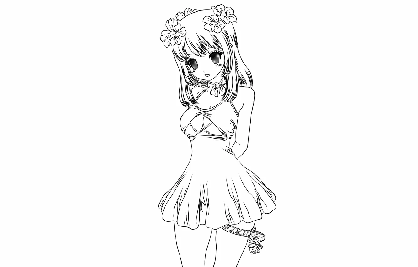 Photo wallpaper girl, sexy, cleavage, long hair, dress, boobs, anime, flowers