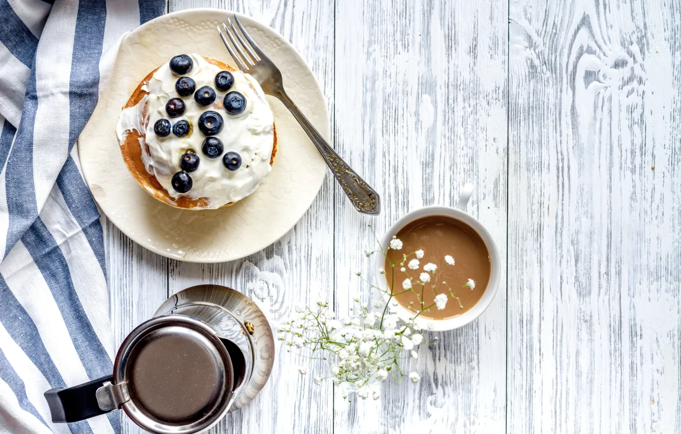 Photo wallpaper berries, Breakfast, blueberries, pancakes, wood, cocoa, breakfast